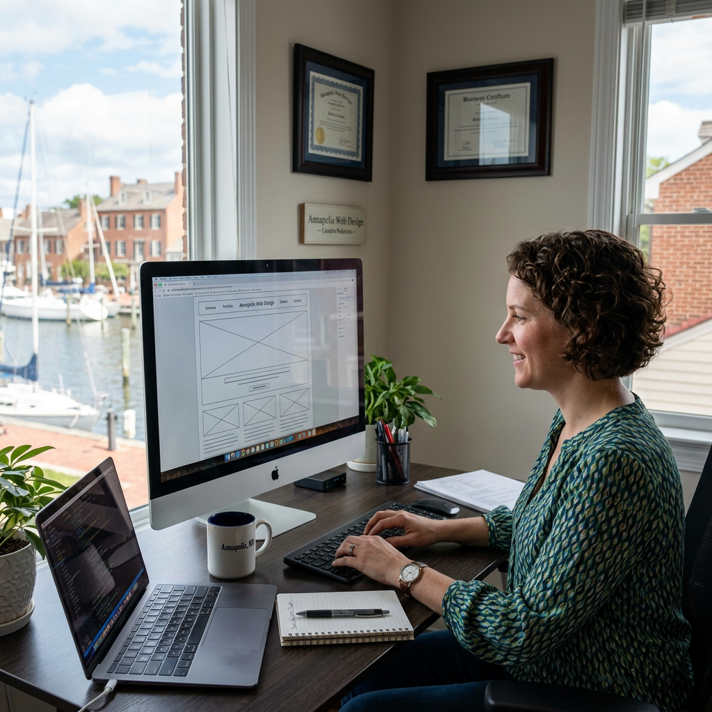 Web designer working at a desktop computer beside an Annapolis harbor window